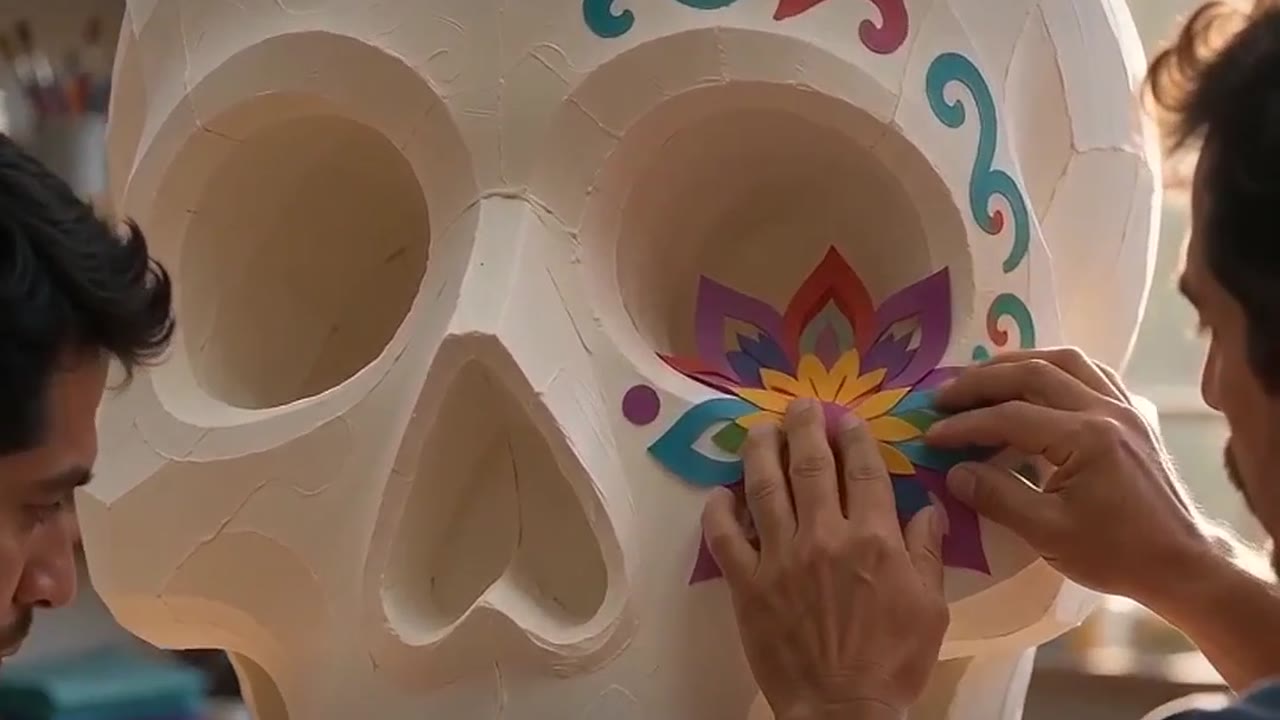 Artesanos pintando una calavera gigante