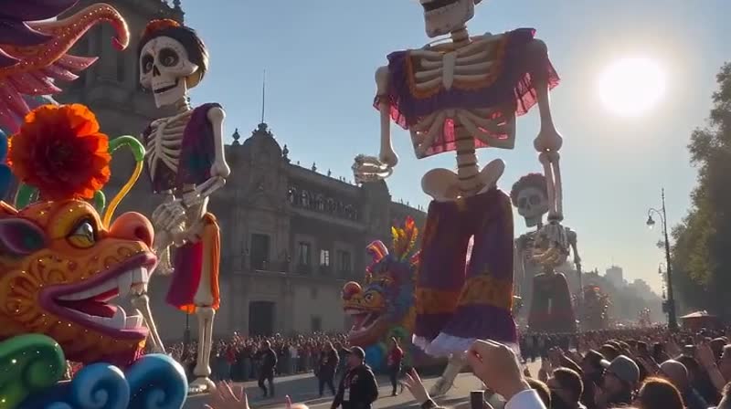 Calacas gigantes en un desfile
